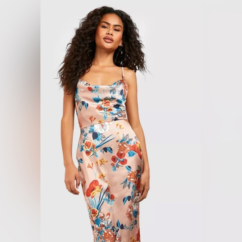 Boohoo Satin Floral cowl flute hem slip dress